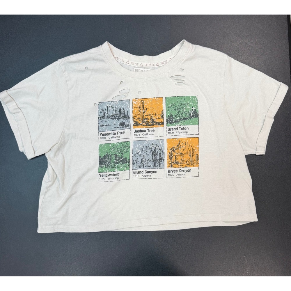 Recycled Threads National Parks Graphic Crop Top Distressed Cream T-Shirt Large